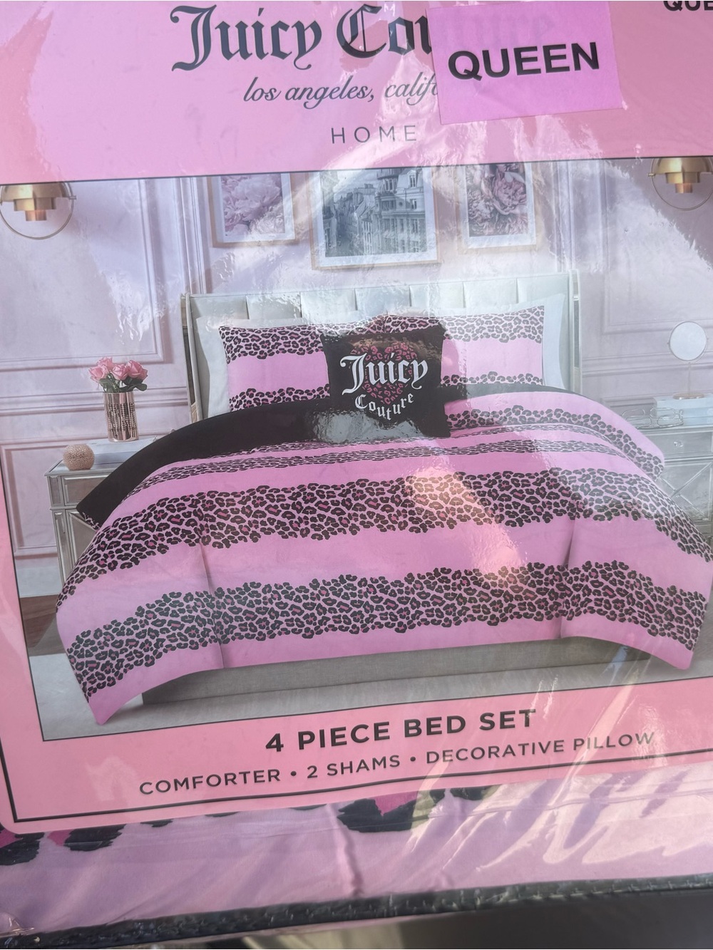 Juicy Couture Pink and Black Leopard Stripe 4-Piece Comforter Set - Queen
